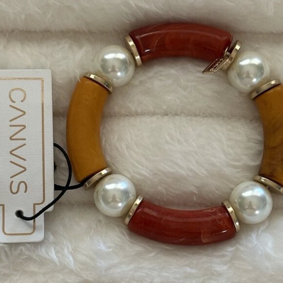 Joon Faux Bamboo & Pearls Beaded Stretch Bracelet    NEW - Picture 2 of 4